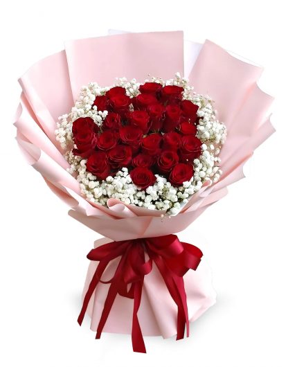 A064 ช่อกุหลาบแดงสดนำเข้า 25 ดอก ห่อด้วยดอกกระดาษสี Milky Pink ร้าน A Flower Room