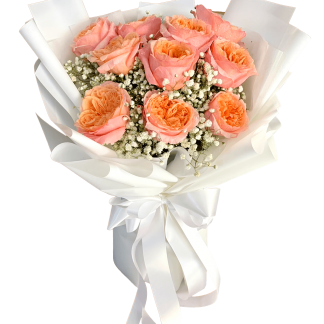 A066 ช่อดอกกุหลาบสีโอลด์โรส 10 ดอก แซมด้วยยิปซี ห่อด้วยกระดาษขาว Baby Powder พร้อมผูกโบว์ขาว