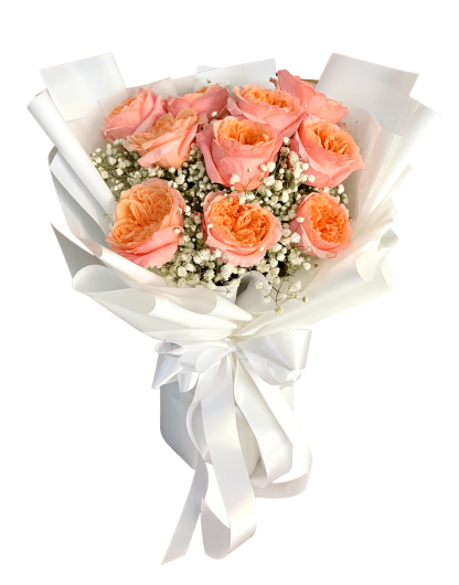 A066 ช่อดอกกุหลาบสีโอลด์โรส 10 ดอก แซมด้วยยิปซี ห่อด้วยกระดาษขาว Baby Powder พร้อมผูกโบว์ขาว
