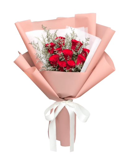 A069 ช่อดอกกุหลาบแดง 10 ดอก แซมแคสเปีย ห่อด้วยกระดาษสีโอลด์โรสโทน Milky และตัดด้วยกระดาษและริบบิ้นสีขาวอีกชั้น