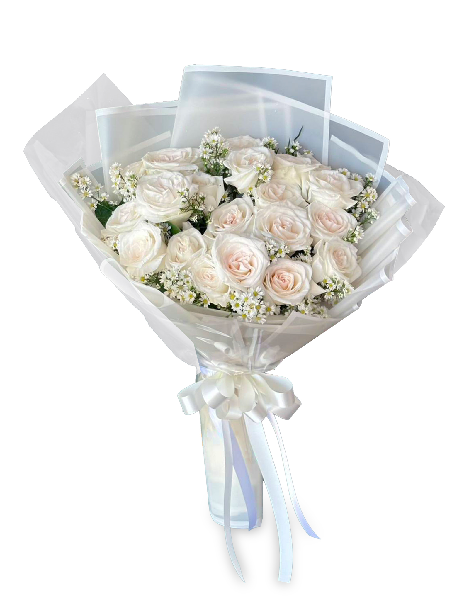 A063_White A063 ช่อดอกไม้จัดกุหลาบขาว 10 ดอก ร่วมกับดอกเดซี่ ห่อด้วยกระดาษขาว ผูกโบว์น่ารัก