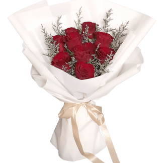 A076 ช่อดอกกุหลาบสีแดงสด 10 ดอก ห่อกระดาษสีขาว Pure White ช่อดอกไม้สวย ๆ ร้านดอกไม้ A Flower Room