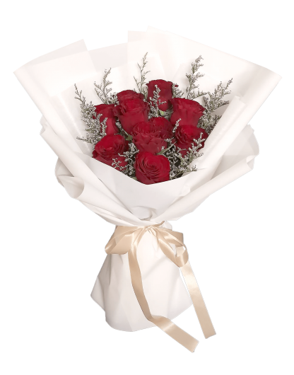 A076 ช่อดอกกุหลาบสีแดงสด 10 ดอก ห่อกระดาษสีขาว Pure White ช่อดอกไม้สวย ๆ ร้านดอกไม้ A Flower Room
