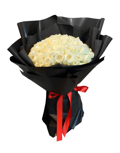 A078 ช่อดอกกุหลาบสีขาวล้วน 100 ดอก ห่อด้วยกระดาษสีดำ Reven Black