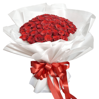 A079 ช่อดอกกุหลาบแดง 100 ดอก ห่อด้วยกระดาษสีขาว Pure White ผูกโบว์สีแดงสดเหลือบเงา
