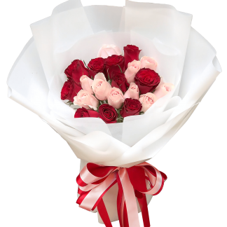 A080 ช่อดอกกุหลาบทูโทน กุหลาบแดง 10 ดอก และกุหลาบชมพู 10 ดอก ห่อกระดาษสี Pure White อุ้มถือได้พอดีตัว