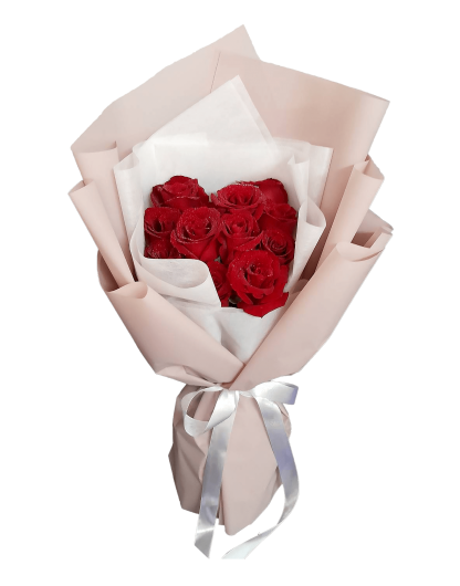 A081 ช่อดอกไม้น่ารักมินิมอล ช่อดอกกุหลาบแดง 10 ดอก ห่อกระดาษสี Pastel Peach ไม่ฉูดฉาด