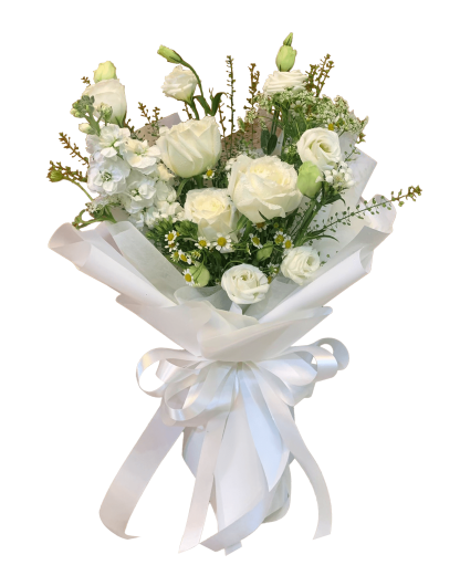 A082 ช่อดอกไม้โทนสีขาว จัดด้วยดอกกุหลาบขาวบริสุทธิ์ 3 ดอก ร่วมกับดอกสต็อคขาว พร้อมแซมดอกไม้-ใบไม้โทนขาวเขียว